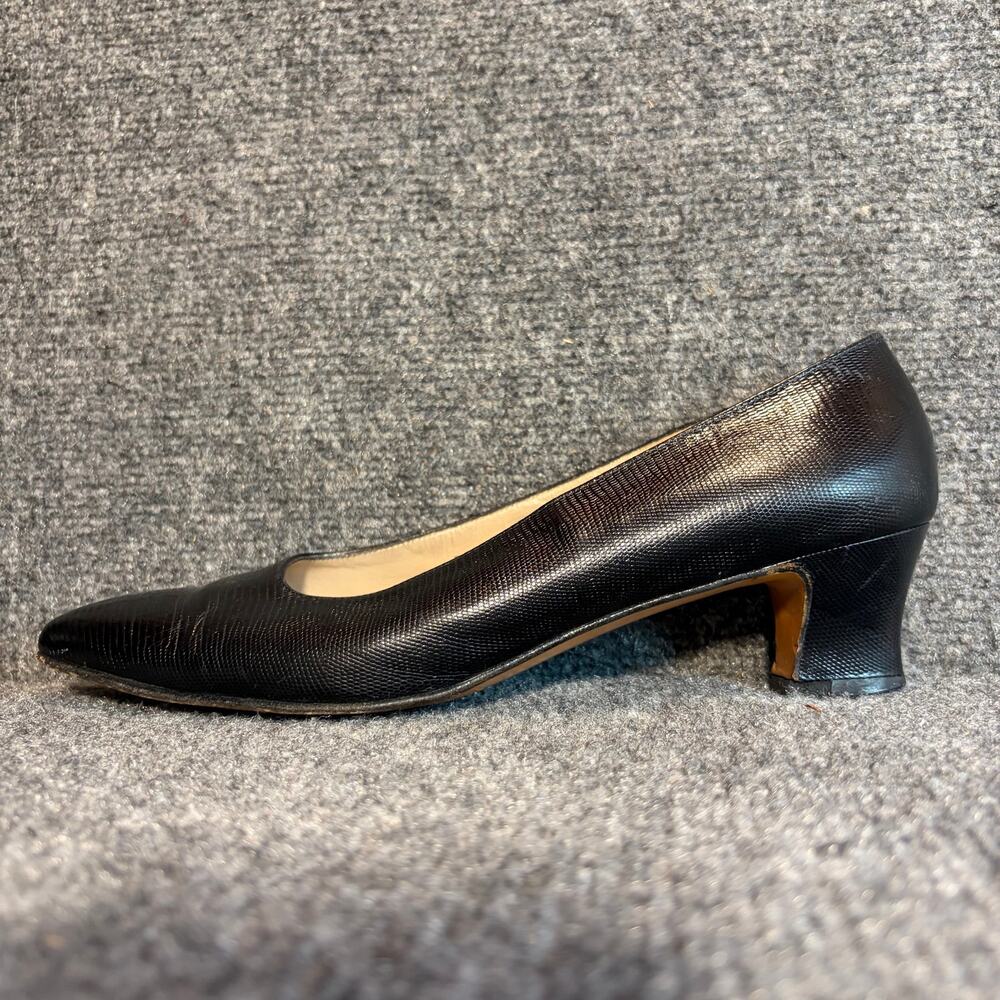 Salvatore Ferragamo Black Leather Lizard Embossed Low Block Heel Pumps Size 10